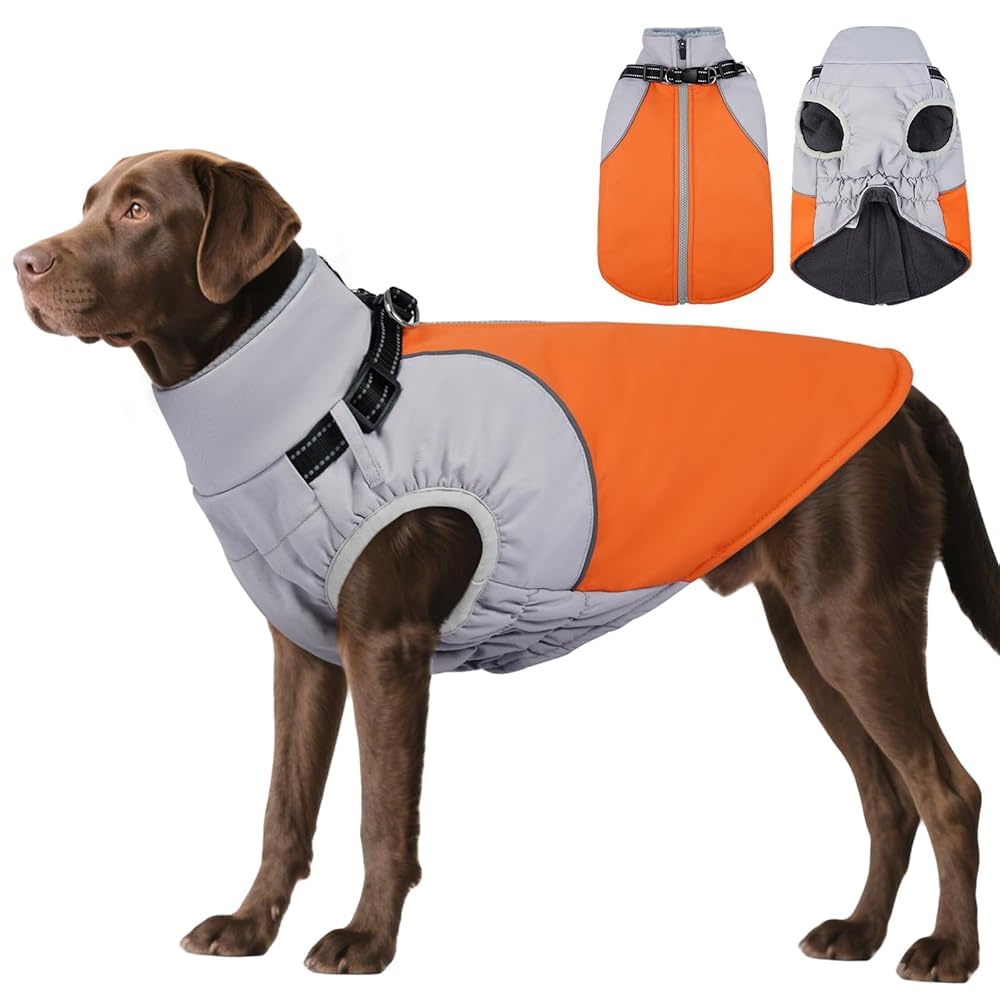 DENTRUN Dog Coat with Harness Built in, Extra Large Water-Repellent Dog Jacket, Turtleneck Windproof Reflective Strips for Great Dane, Orange, XXXL