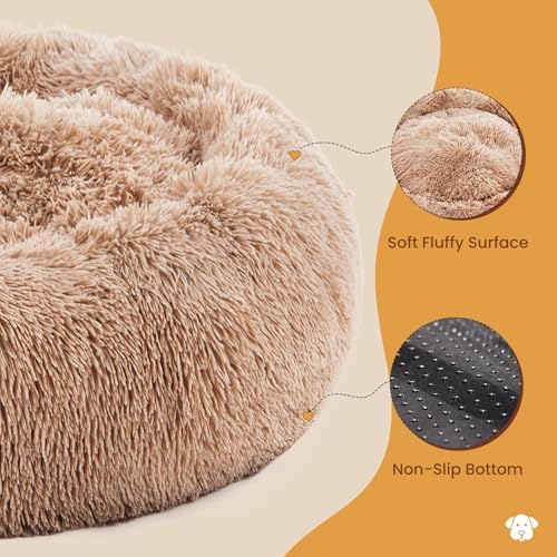 DUMOS Calming Donut Cat & Dog Bed for Medium Dogs, Machine Washable Cuddle Warming Cozy Fluffy Faux Fur Plush Round Dog Bed, Anti-Anxiety Waterproof Anti-Slip Pet Bed, Brown, 24×24×8 Inches