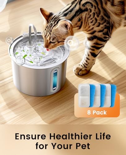oneisall Cat Water Fountain Filters Replacement, 8 Pack Cat Fountain Filters for 67oz/2L Stainless Steel Cat Fountain Filters, Filters for Cat Water Fountain Easy to Install and Clean