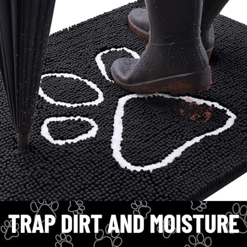 Smiry Dog Door Mat for Muddy Paws, Absorbent Dirt Trapper Non Slip Quick Dry Washable Chenille Mat for Mud Dogs, Entry Rug for Indoor and Outdoor (70x24 Inches, Black)