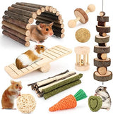 Hamster Cage Accessories, 12 Different Chew Toys for Guinea Pig, Chinchillas, Gerbils, Mice, Rats, Mouse, Rabbit, Bunny Hideout Seesaw, Natural Molar Tools