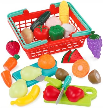 Battat – Play Food Toys for Kids – Food Set with Cutting Boards and Accessories – Farmers Market Produce Basket – Toddler Pretend Fruit – 2 Years + – Farmers Market Produce Basket (37 Pieces)