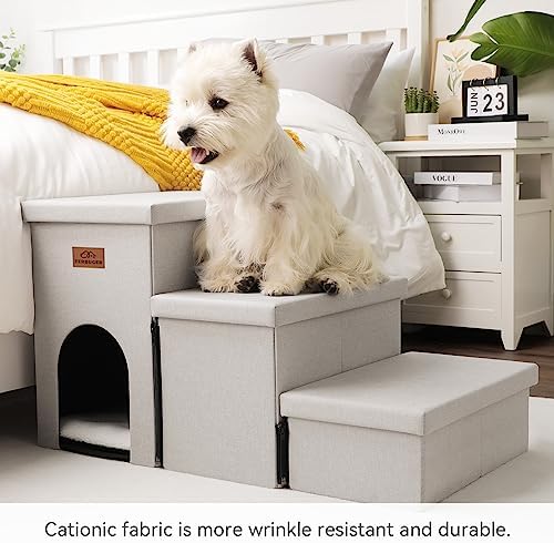 Dog Stairs with Condo 18" H, 3-Step Wider Dog Steps for High Beds Couch, Folding Storage Pet Stairs Gift for Small/Medium/Large Old Dogs Cats, Ramp for Climbing Car Up to 200 lbs, Beige Gray