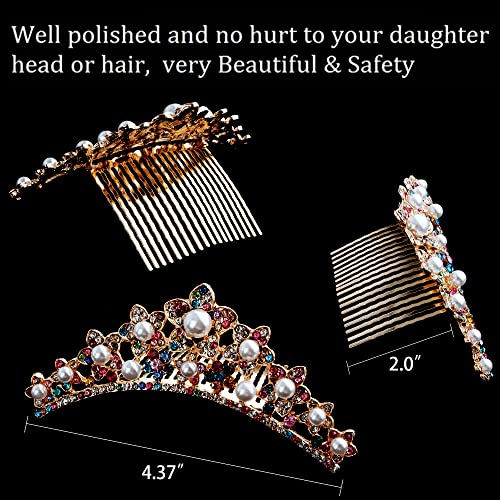 ANBALA Small Tiara Crown with Hair Comb, 3 Pack Mini Tiara Crown Princess Crystal Shiny Hair Accessories for 2 3 4 5 6 7 8 9 Years Girls Hair Dectoration Styling (Gold + 7 Color Crystal)