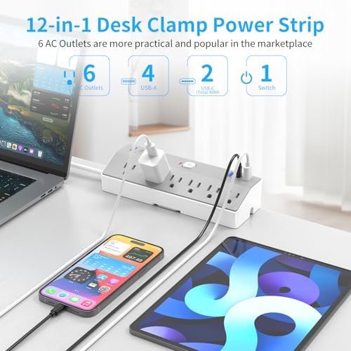 Desk Clamp Power Strip Tall, 40W Fast Charging Station,Desk Mount Desk Shelf with 6 Outlets 6USB Ports (2USB C), 10Ft Extension Cord Desk Accessories Home Office Essentials, Fit 2.48" Tabletop Edge