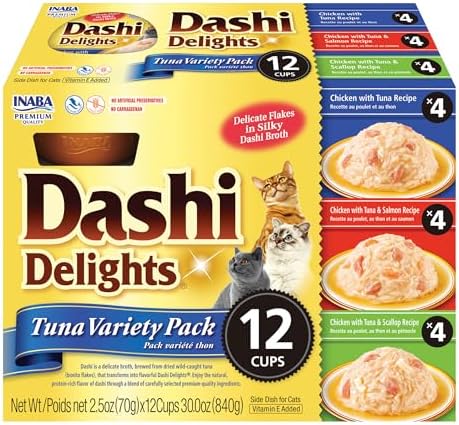 INABA Dashi Delights for Cats, Shredded Chicken with Bonito Flake Broth, 2.5 Ounce Cup, 12 Cups Total, Tuna Variety