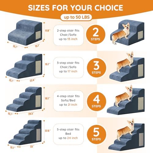 Dog Steps for Bed, Dog Stairs for Small Dogs, 2-Step Dog Ramp for Bed, Couch, Sofa, and Chairs, Non-Slip Bottom Design, Cat Scratching, High Density Foam Portable Pet Step, Indoor, Navy