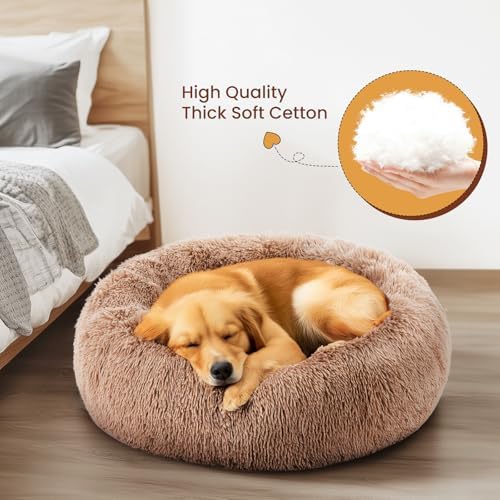 DUMOS Calming Donut Cat & Dog Bed for Medium Dogs, Machine Washable Cuddle Warming Cozy Fluffy Faux Fur Plush Round Dog Bed, Anti-Anxiety Waterproof Anti-Slip Pet Bed, Brown, 24×24×8 Inches