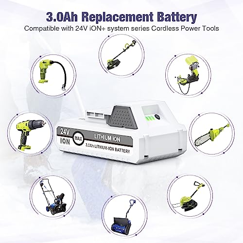 C D H 3.0Ah 24VBAT-LTE Replacement Lithium-iON Battery+Fast Charger for Snow Joe 24V Cordless Power Tools Starter Kit Compatible with Snow Joe 24VBAT-LTE 24V ion+Models