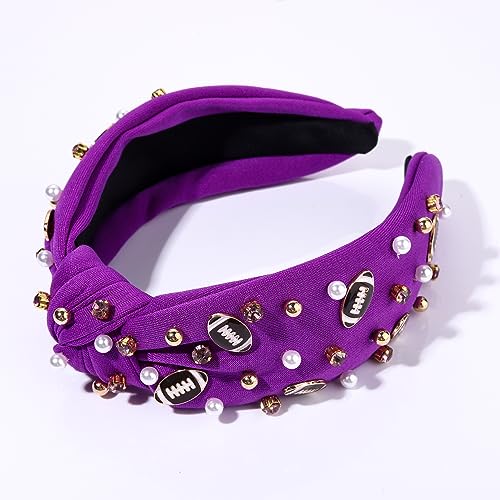 Football Headband Pearl Rhinestone Jeweled Knotted Headband Fun Sports White Hot Pink Black Blue Football Embellished Wide Top Knot Hairband Headpiece Game Day Sports Hair Accessories Gift for