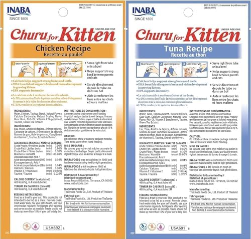 INABA Churu for Kittens, Creamy, Purée Lickable Cat Treats with DHA, EPA, Vitamin E & Taurine, 0.5 Ounces Each, 48 Tubes (4 per Pack), Tuna and Chicken Variety