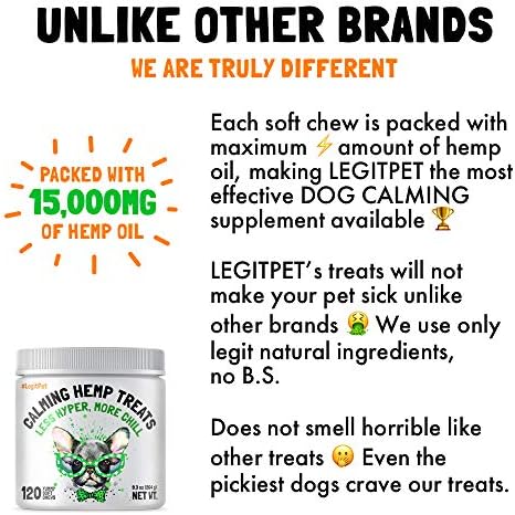 Calming Hemp Treats for Dogs Made in USA Organic Hemp Natural Separation Aid Helps Barking, Chewing, Thunder, Fireworks, Aggressive Behavior Soothing Stress Relief Natural Relaxation 120 Chews