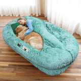 Human Dog Bed, 71''x45''x12'' Size Fits You and Pets, Washable Faux Fur Dog Bed for People Doze Off, Napping Orthopedic Dog Bed, Present Plump Pillow, Blanket, Strap - GreenWhite
