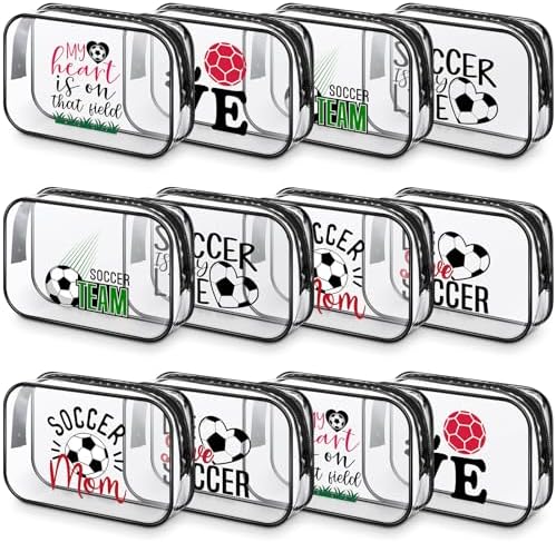 Abbylike 12 Pcs 7 x 4.7 x 2.4'' Soccer Theme Cosmetic Bag Soccer Gifts Accessories for Makeup Clear PVC Soccer Case Toiletry Zipper Pouch for Women Travel Vacation