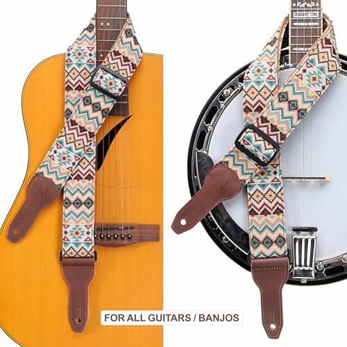 Nefelibata Banjo Strap, 2" Wide Double Full Grain Cowhide Guitar Strap Adjustable Replacement,Multi-pattern Guitar Strap With Headstock Rope and Leather Headband(Boho Yellow)