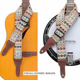 Nefelibata Banjo Strap, 2" Wide Double Full Grain Cowhide Guitar Strap Adjustable Replacement,Multi-pattern Guitar Strap With Headstock Rope and Leather Headband(Boho Yellow)