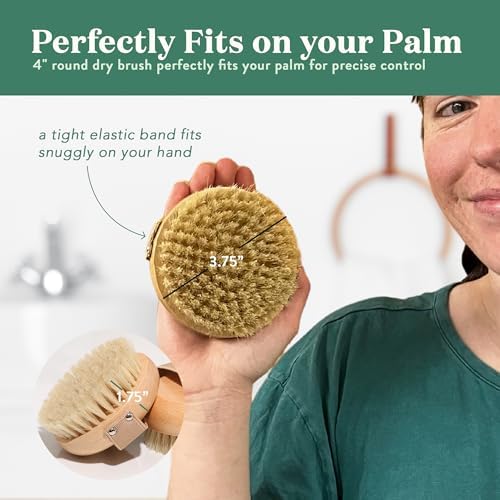 Bare Botanics Dry Body Brush for Lymphatic Drainage - Improve Circulation w/Gentle Exfoliation for Soft Skin - Ergonomically Designed w/Elastic Strap - Soft but Firm Natural Boar Bristles