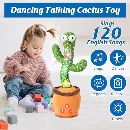 Dancing Talking Cactus Toy for Baby Toddler, Boys Girls Gifts Singing Mimicking Cactus Toy Recording Repeating What You Say Cactus Baby Toy with 120 English Songs (Talking Cactus-Adjustable Volume)