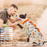 LovinPet Dog Onesie, Large Dog Pajamas, Anti-Licking, Post-Surgery Recovery Clothes, Lightweight Stretch Jersey Knit Jurassic Blue Prints - UV Protection/3XL