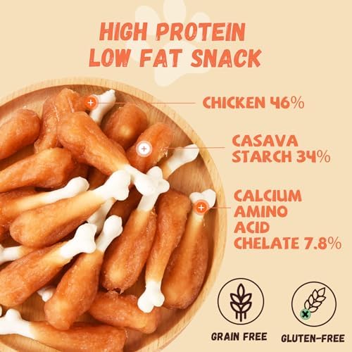 Dog Treats, Chicken Wrapped Calcium Bone Rawhide-Free Grain-Free Training Treats for Dogs Teeth Cleanning Breath Fresh Dog Chewy Snacks for Medium Large Dogs 10.58 oz or 18-19 pcs