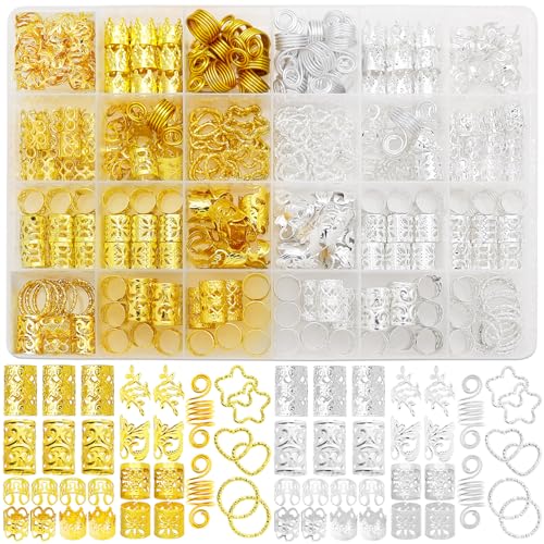 Fscwlmon 260 Pcs Hair Jewelry for Braids,Hair Beads Accessories for Dreadlock,Metal Hair Clips Cuffs Rings,Loc Rave Hair Charm Decorations Adjustable Kits for Men Women Gold and Silver