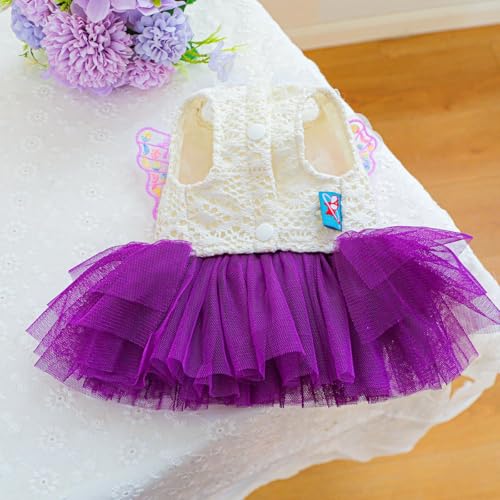 Dog Fairy Costume with Butterfly Wings, Cat Princess Dress for Small Dogs Girls, White Lace Knit Top and Purple Tulle Skirt, Fairy Wings for Dogs Halloween Outfit 14.3-17.6lbs (Purple,XL)
