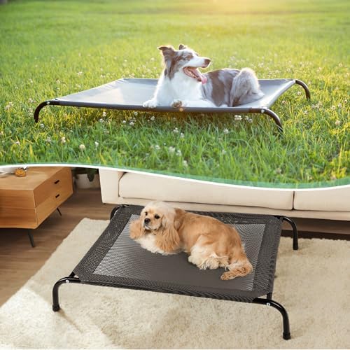 Elevated Dog Bed Small Dog Cot, Outdoor Raised Dog Bed with Supportive Teslin Recyclable Washable Mesh, Durable Pet Hammock with Non Slip Feet, Grey, 34 inches