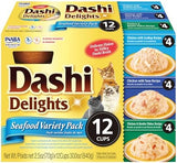 INABA Dashi Delights for Cats, Shredded Chicken with Bonito Flake Broth, 2.5 Ounce Cup, 12 Cups Total, Seafood Variety