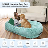 Human Dog Bed, 71''x45''x12'' Size Fits You and Pets, Washable Faux Fur Dog Bed for People Doze Off, Napping Orthopedic Dog Bed, Present Plump Pillow, Blanket, Strap - GreenWhite