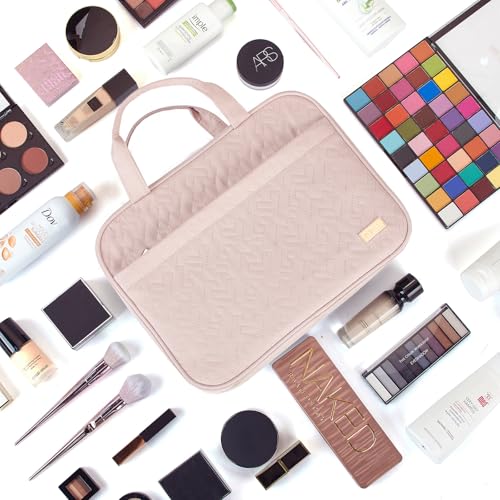 NISHEL Travel Toiletry Bag for women, Portable Hanging Organizer for Full-Sized Shampoo, Conditioner, Brushes Set, Makeup Accessories, Large Size, Pink