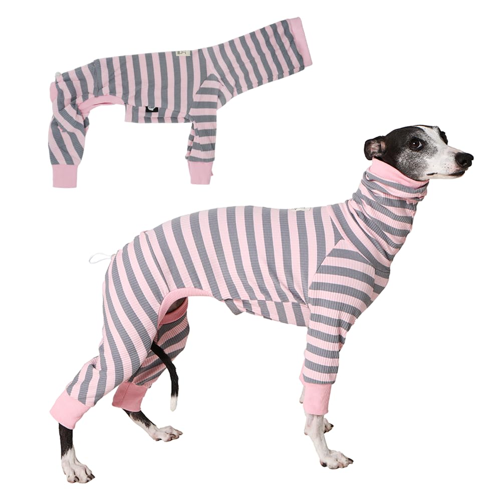 HowlyWoof Whippet Shirt, Thin Striped Base Layer Onesie for Greyhounds, Lightweight Striped Base Layer for Sighthounds (Pink&Grey, Size 8(35-41lbs))