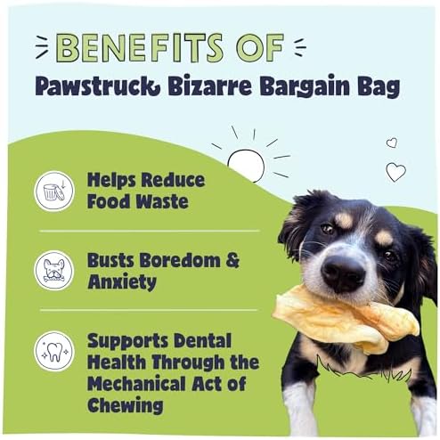 Pawstruck Bizarre Bargain Bag Assorted Natural Dog Chew Treats - Animal Ears, Jerky, Bones, Hooves, Beef Straps - Long Lasting Rawhide Alternative for Chewers, All Breeds - 1 lb, Packaging May Vary