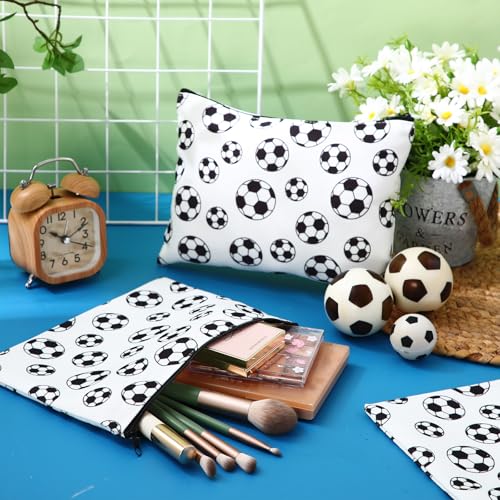 Eccliy 20 Pcs Soccer Makeup Bag Cosmetic Bag Canvas Gifts Sport Soccer Themed Accessories for Girls Toiletry Pouch with Zipper for Women Party Shopping Home Travel, 9 x 7 Inch