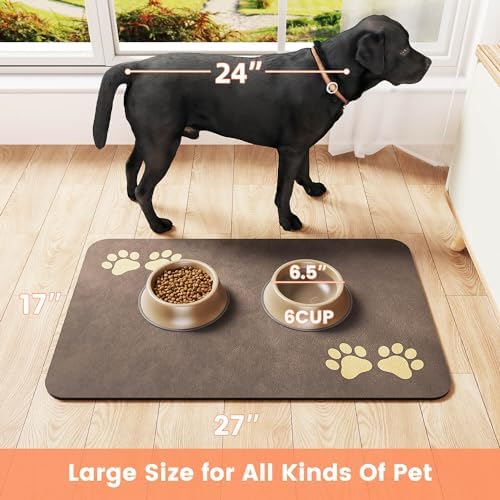 Pet Feeding Mat-Absorbent Pet Placemat for Food and Water Bowl, Dog Food Mat with Waterproof Rubber Backing, No Stains Quick Dry Water Dispenser Mat for Dog and Cat, Light Gray-16"x24"