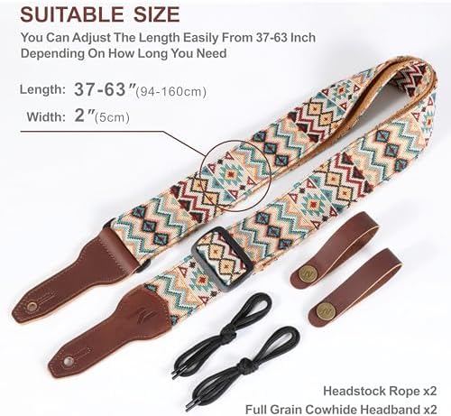 Nefelibata Banjo Strap, 2" Wide Double Full Grain Cowhide Guitar Strap Adjustable Replacement,Multi-pattern Guitar Strap With Headstock Rope and Leather Headband(Boho Yellow)