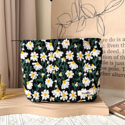 Makeup Bag Cosmetic bag Preppy Canvas Embroidery Toiletry Bag for women Cute zipper pouch Organizer Travel accessories (Little Daisy-Black, Large)