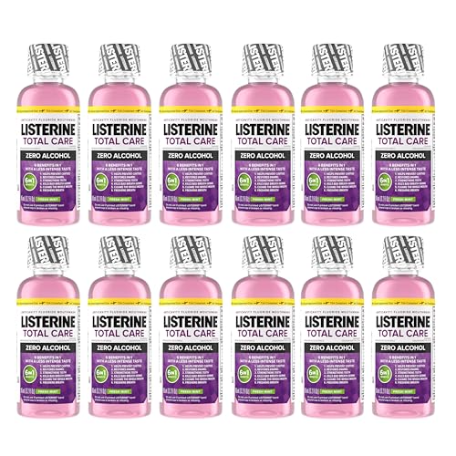 Listerine Total Care Alcohol-Free Anticavity Fluoride Mouthwash, 6 Benefit Oral Rinse to Help Kill 99% of Germs That Cause Bad Breath, Strengthen Enamel, Fresh Mint, Travel Size, 95 mL (Pack of 12)