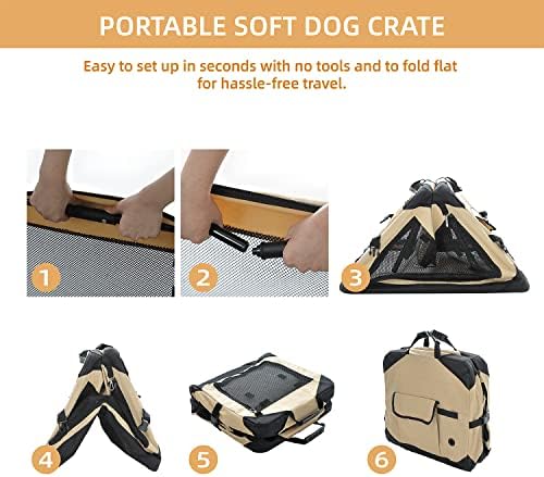 Pettycare 42 Inch Collapsible Dog Crate for Large Dogs, 4-Door Foldable Soft Dog Kennel with Chew Proof Mesh Windows, Indoor & Outdoor Travel Dog Crate, Soft Side Dog Crate,Beige