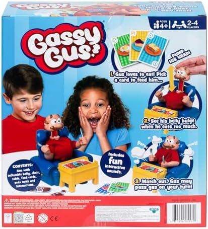 Gassy Gus, The interactive gut-busting game that's a hoot when you toot! Feed Gus gassy foods, but watch out for the big blast of gas! Packed with hilarious sounds, it's Ideal for 2-4 players ages 4+