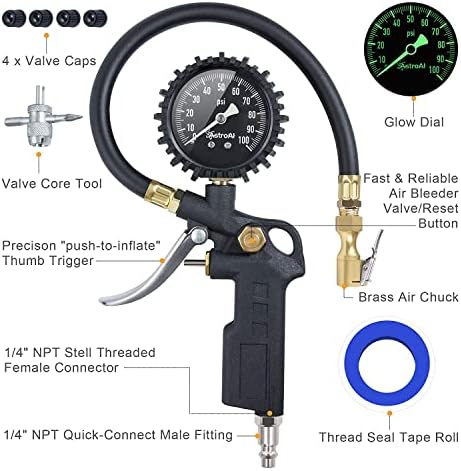 AstroAI Tire Pressure Gauge with Inflator, 100 PSI-ANSI B40.1 Accurate, Large 2.5" Easy Read Glow Dial, Heavy Duty Air Chuck and Compressor Accessories with Rubber Hose and Quick Connect Coupler