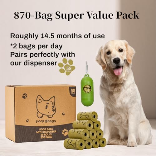 870 Counts Dog Poop Bags Rolls with Dispenser, Scented Poop Bags for Dogs Waste, Extra Thick& Leak Proof Dog Bags for Poop, Doggie Pet Waste Bags for Doggy Puppy Cat Poop 9" x 13" DarkKhaki