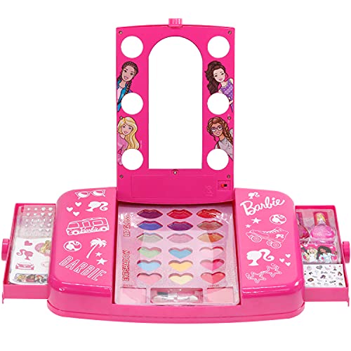 Barbie Beauty Vanity Set with Light-Up Mirror, Includes Lip Gloss, Eye Shadow, Brushes, Nail Polish, Accessories, and More! Ages 3+ Perfect for Parties, Sleepovers, and Makeovers, by Townley Girl
