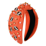 Football Headband Pearl Rhinestone Jeweled Knotted Headband Fun Sports White Hot Pink Black Blue Football Embellished Wide Top Knot Hairband Headpiece Game Day Sports Hair Accessories Gift for