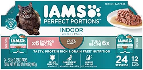 Iams Perfect Portions Indoor Adult Grain Free Wet Cat Food Pate Variety Pack, Salmon and Tuna Recipes, 2.6 oz. Easy Peel Twin-Pack Trays (12 Count, 24 Servings)