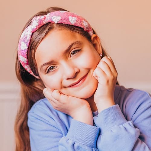 FROG SAC Heart Headband for Girls - Knotted Valentines Day Head Bands for Kids, Top Knot Vday Hair Band for Children, Sparkly Pink Sequin Hair Accessories for Toddlers, Little Girl Fashion Hairband