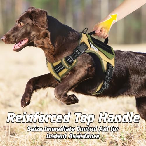 WINGOIN Tactical Dog Harness for Large Dogs, No Pull Harness with Handle 2 Pockets Poop Bag, Reflective Dog Vest, Military Service Heavy Duty Big Dog Harness for Walking Hiking Training, Khaki, L