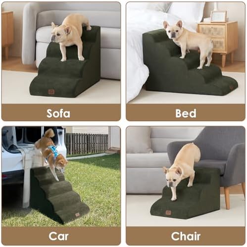 EHEYCIGA Curved Dog Stairs Ramp for High Beds 19.7" H, 4-Step Dog Steps for Small Dogs and Cats, Pet Stairs for High Bed Climbing, Non-Slip Balanced Pet Step Indoor, Olive Green