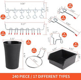 240PCS Pegboard Hooks Assortment, Pegboard Accessories Organizer Kit with Pegboard Bins, Pegboard Cups, 1/8 and 1/4 inch Peg Board Hooks for Hanging Tools, Garage Pegboard Wall Organization