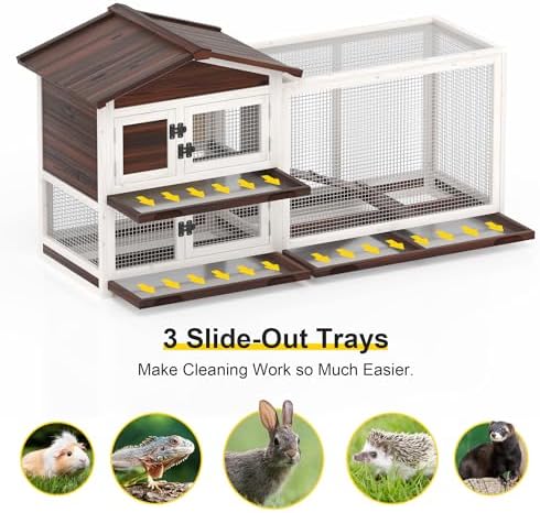 GOJOOASIS Rabbit Hutch Indoor Bunny Cage Outdoor Weatherproof Bunny House Wooden 60" Large Guinea Pig Cages Chicken Coop w/ 3 Pull Out Trays & 4 Access Doors (60" A)