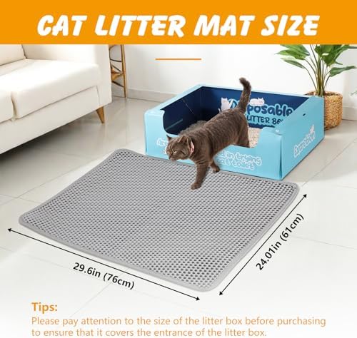 30x24 Inch Cat Litter Mat Double Layer Non-Slip Odor-Free Litter Box Mat,Waterproof and Urine Proof Litter Mat,Scatter Control, Less Waste,Easier to Clean(Gray)